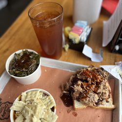 Fox Bros. Bar-B-Q - Pork plate with collards and brisket chili. Crackers already added!