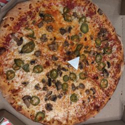 Domino's Pizza - XL Brooklyn Style pizza, mushrooms and jalapenos all over.