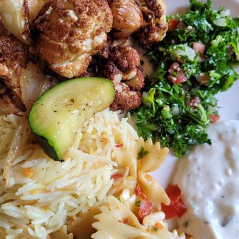 Ali Baba Mediterranean Grill - Cauliflower, tabouli, bow tie pasta, garlic sauce and zucchini - Mediterranean Near Me - Richardson, Texas Ali Baba Mediterranean Grill - Cauliflower, tabouli, bow tie pasta, garlic sauce and zucchini - Mediterranean Near Me - Richardson, Texas
