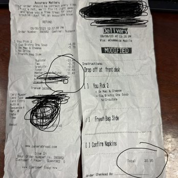 Panera Bread - On the right is my 1/2 refund receipt and the other is what I actually paid. - Sandwiches Near Me - Sarasota, Florida Panera Bread - On the right is my 1/2 refund receipt and the other is what I actually paid. - Sandwiches Near Me - Sarasota, Florida