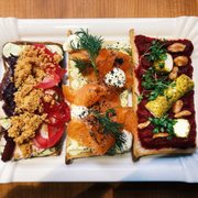Photo of Sisters - Prague, Czech Republic. Left to right: turkey &amp; ricotta, smoked salmon, goat cheese &amp; beetroot