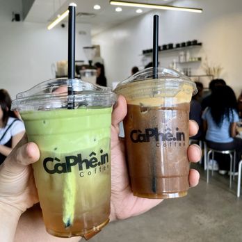 CaPhein  Coffee - Tokyo Fog (Seasonal Menu - Jasmine Green Tea + Earl Grey Syrup + Matcha Foam) + Passion Tonic Espresso - Coffee & Tea Near Me - Austin, Texas