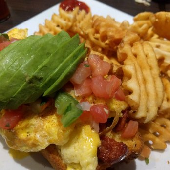 Meemom's - Pico de huevos: 2 eggs scrambled (or any way), chorizo, pico de gallo atop cornbread, with avocado. Subbed waffle fries. SO good - Coffee & Tea Near Me - Middletown, New Jersey Meemom's - Pico de huevos: 2 eggs scrambled (or any way), chorizo, pico de gallo atop cornbread, with avocado. Subbed waffle fries. SO good - Coffee & Tea Near Me - Middletown, New Jersey