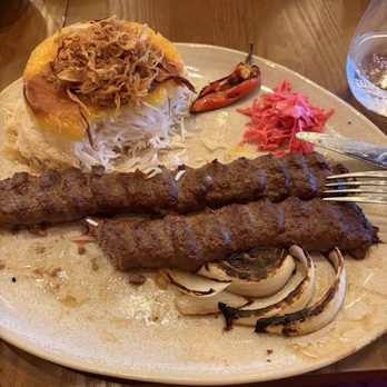Sabou - Koobidah kabob with rice tahdig - Mediterranean Near Me - Alpharetta, Georgia