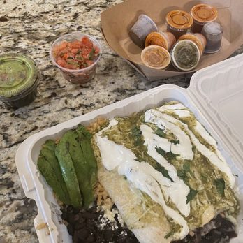 El Camion - Three enchiladas (1 cheese & 2 chicken) with a side of Spanish rice, black beans, and avocado slices. - Food Trucks Near Me - Seattle, Washington