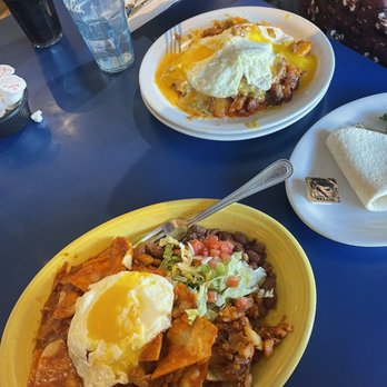 Pantry Restaurant - Chilaquiles with brisket in red sauce and buenos días with chorizo - Breakfast & Brunch Near Me - Santa Fe, New Mexico