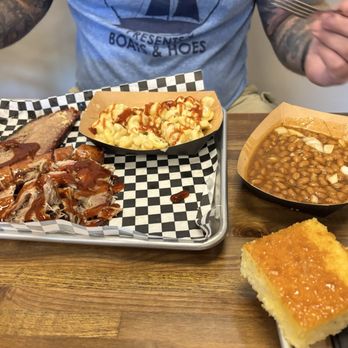 Jay's Smokin BBQ - 3 meat platter with cornbread, Mac n cheese and baked beans. - Barbeque Near Me - Punta Gorda, Florida Jay's Smokin BBQ - 3 meat platter with cornbread, Mac n cheese and baked beans. - Barbeque Near Me - Punta Gorda, Florida