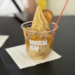 Peachy - peach ice cream with peach compote, crumbles, and a palmier cookie
