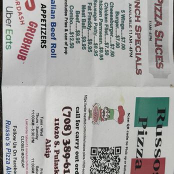Russo's Pizza - Menu as of 12/2025 - Pizza Near Me - Alsip, Illinois