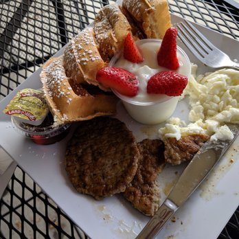 No Filter Café - Ugly Sampler, with scrambled egg whites, sausage patties, yogurt parfait and Belgian waffles. - Coffee & Tea Near Me - Garner, North Carolina No Filter Café - Ugly Sampler, with scrambled egg whites, sausage patties, yogurt parfait and Belgian waffles. - Coffee & Tea Near Me - Garner, North Carolina