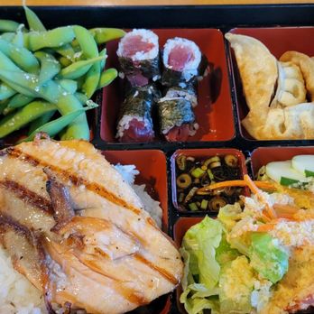 Ginger - Miso salmon with edamame, dumplings, sushi and salad - Asian Fusion Near Me - Lincoln, Nebraska Ginger - Miso salmon with edamame, dumplings, sushi and salad - Asian Fusion Near Me - Lincoln, Nebraska