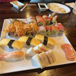Egg Custard Sushi, rainbow roll, shrimp sushi, salmon sashimi, white tuna sashimi, shrimp tempura roll, spicy crab roll. Egg Custard Sushi, rainbow roll, shrimp sushi, salmon sashimi, white tuna sashimi, shrimp tempura roll, spicy crab roll.
