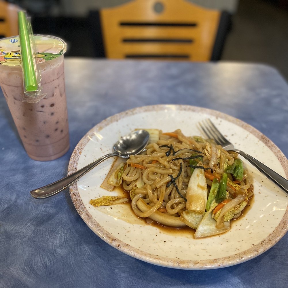 Yaki Udon and Red Bean Boba tea Yaki Udon and Red Bean Boba tea