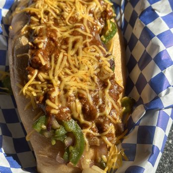 Daddio's Burger - Custom made hotdog with chili, cheese, grilled onions and grilled jalapeños. - Burgers Near Me - Beaumont, Texas
