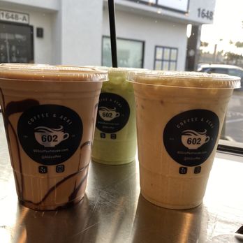 602 Coffee House - (L-R) Nutella Mocha, Matcha Latte, Turmeric Latte - Coffee & Tea Near Me - Costa Mesa, California 602 Coffee House - (L-R) Nutella Mocha, Matcha Latte, Turmeric Latte - Coffee & Tea Near Me - Costa Mesa, California
