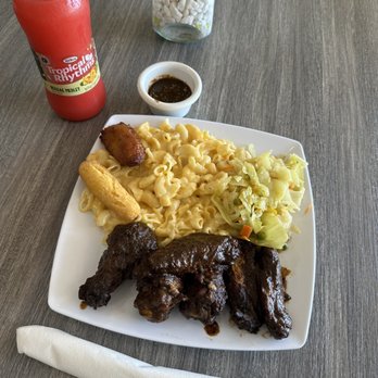 Jerk Stop - Jerk wings (small), Mac and cheese, plantain, festival, cabbage - Seafood Near Me - Los Angeles, California