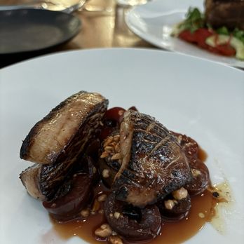 Persimmon - Sauteed Hudson Valley foie gras, braised duck neck, glazed cherries, duck jus - New American Near Me - Providence, Rhode Island Persimmon - Sauteed Hudson Valley foie gras, braised duck neck, glazed cherries, duck jus - New American Near Me - Providence, Rhode Island