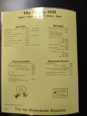 Menu photo 1 The Windy Mill Pine Village, IN