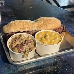 Beef Brisket Sandwich with creamy cabbage and Mac and cheese