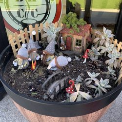Barrel House Coffee - Cute little gnome village outside