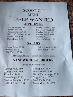 Menu photo 1 Scootic In Restaurant Millinocket, ME