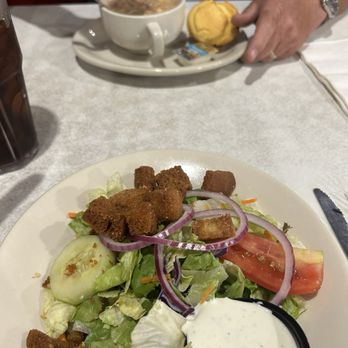 Corner Cafe - Riverside - Side Salad and Ranch Dressing (5) and upper part of photo is Ham n Bean Soup (5) and corn bread. - Breakfast & Brunch Near Me - Riverside, Missouri