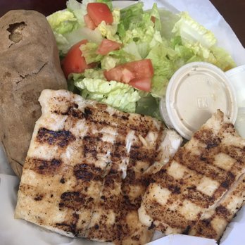 Fish Grill - White Fish with a side of baked potato and salad. - Kosher Near Me - Los Angeles, California