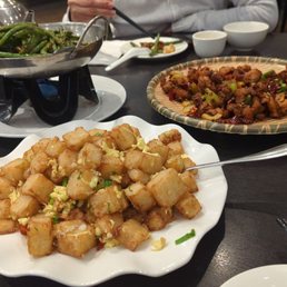 Green beans with pork, chilli chicken with no bone, XO sauce turnip patties