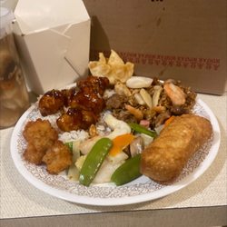 Cantonese Gourmet South - The works... Deluxe Fried Rice, Shrimp Kow, General Tso Chicken, Fried Shrimp, Crab Rangoon, and Shrimp Eggroll. Best Chinese in Flint !