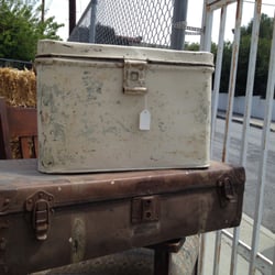 Foothill Antiques - Perfectly chippy and rustic bread box and antique suitcase/small trunk.
