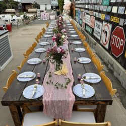 Deluxe Party Rentals - 3 Farm Tables Decorated
