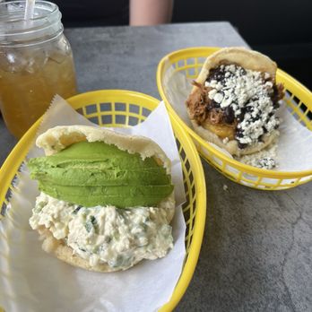 Arepera Guacuco Bushwick - Arepa Reina Pepiada & I forget the name of the other but it's beef, plantain, black beans n cheese - Salad Near Me - Brooklyn, New York