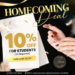Java Nails & Spa - HOMECOMING DEAL 

Dear students,
Java Nails & Spa is here to make your homecoming season extra special!