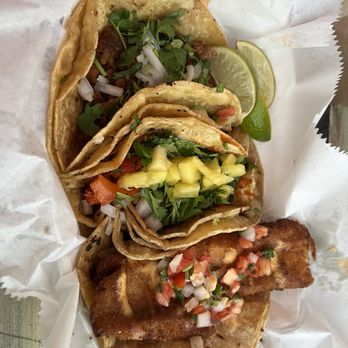 Corazon Mexican Food - Tacos top to bottom: pastor, corazon, fish - Mexican Near Me Corazon Mexican Food - Tacos top to bottom: pastor, corazon, fish - Mexican Near Me