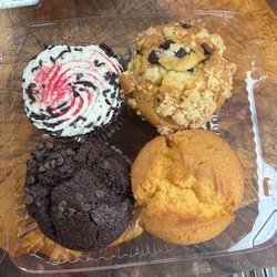 Vinnies Farm Market - Red velvet chicken, banana chocolate chip muffin, triple chocolate muffin, and corn bread.