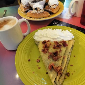 Limonata Cafe - PSL with bacon Nutella crepe and fluffy waffles and raspberry rose latte in the background - Coffee & Tea Near Me - Albuquerque, New Mexico