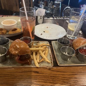 The Upstate Tavern - Onion ring appetizer and burger with maple and blue cheese split - New American Near Me - Verona, New York