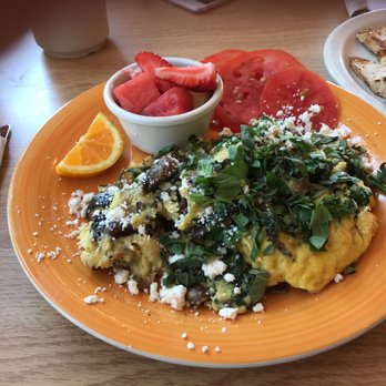 Walden's Coffeehouse - Scramble with spinach, mushrooms, veggies, feta cheese, fruit on the side plus sliced tomatoes. - Coffee & Tea Near Me - Reno, Nevada