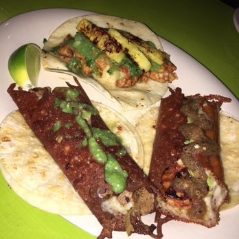 Chela & Garnacha - Left - carne asada (added fried cheese) Top - al pastor Right - camarones (added fried cheese) - Mexican Near Me - Astoria, New York Chela & Garnacha - Left - carne asada (added fried cheese) Top - al pastor Right - camarones (added fried cheese) - Mexican Near Me - Astoria, New York