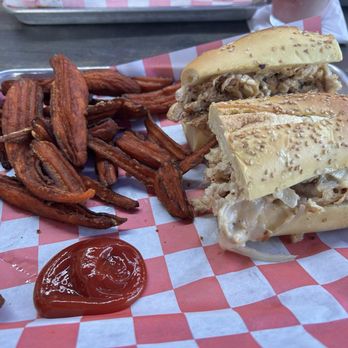 River Rock Restaurant & Marina Bar - Chicken cheesesteak with sweet potato fries. - Seafood Near Me - Brick, New Jersey River Rock Restaurant & Marina Bar - Chicken cheesesteak with sweet potato fries. - Seafood Near Me - Brick, New Jersey