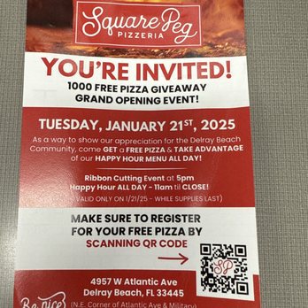 Square Peg Pizzeria - On this invitation, it states that make sure you register for your free pizza by scanning the code. - Pizza Near Me - Delray Beach, Florida