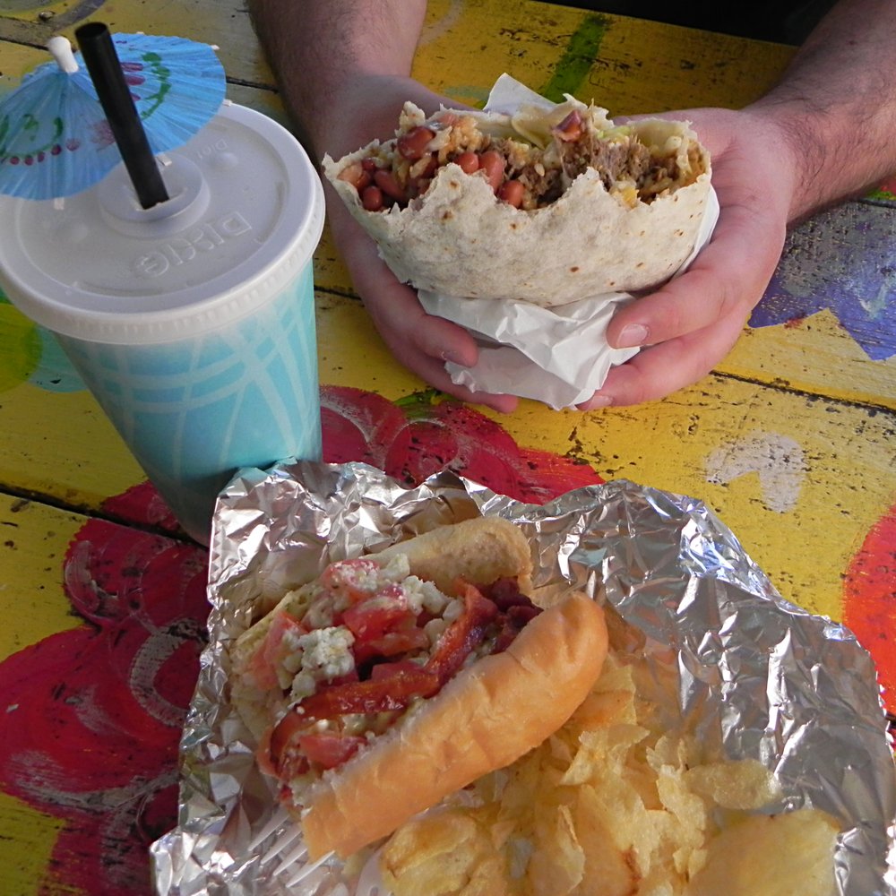 The Beach House - Inside the green beef burro ($6) and the #4 hot dog ($4). Flavored lemonades ($3 each) - Mexican Near Me - Phoenix, Arizona The Beach House - Inside the green beef burro ($6) and the #4 hot dog ($4). Flavored lemonades ($3 each) - Mexican Near Me - Phoenix, Arizona
