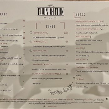Foundation Social Eatery - Apps, pasta, and mains menu - Dec, 2022 - New American Near Me - Alpharetta, Georgia Foundation Social Eatery - Apps, pasta, and mains menu - Dec, 2022 - New American Near Me - Alpharetta, Georgia