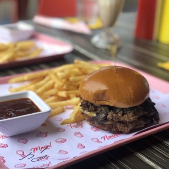 Baby's - Double Patty (Gouda + Mushrooms) with BBQ sauce on the side; French Fries - American Near Me - Indianapolis, Indiana