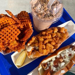 Sweet potato waffle fries, nor'easter, Clam Strips, hot dog