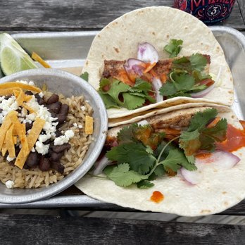 The Wyld Dock Bar - Local Fish Tacos (Mahi) with Rice and Beans - New American Near Me - Savannah, Georgia