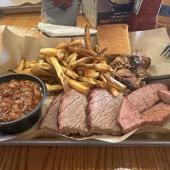 Mission BBQ - Three Meat Sampler (brisket, sausage, pork). Beans, fries, and cornbread. - Barbeque Near Me - Pittsburgh, Pennsylvania