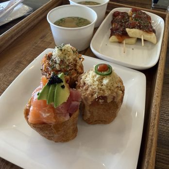 Kingyubu - king yubu, spicy tuna yubu, spicy crabmeat yubu, miso soup, spicy mala rice cakes - Korean Near Me - Montrose, California Kingyubu - king yubu, spicy tuna yubu, spicy crabmeat yubu, miso soup, spicy mala rice cakes - Korean Near Me - Montrose, California