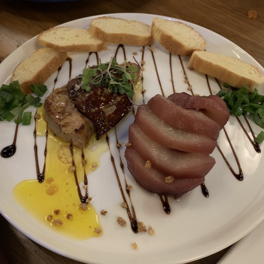 La Brunilda - Grilled foie gras with pear poached in red wine - Tapas Bars Near Me - Seville, SE La Brunilda - Grilled foie gras with pear poached in red wine - Tapas Bars Near Me - Seville, SE