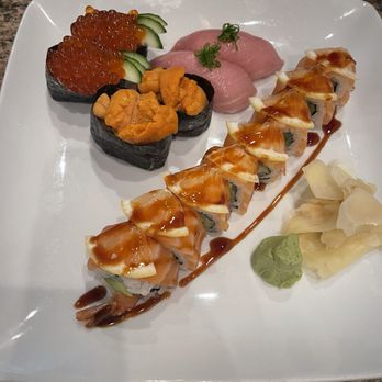 Sushi Heaven - ikura, uni, and Enteral sunshine roll - Japanese Near Me - Ashland, Oregon Sushi Heaven - ikura, uni, and Enteral sunshine roll - Japanese Near Me - Ashland, Oregon